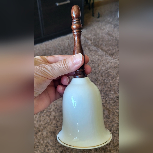 Vintage Fine Bone China White Bell with Wood Handle Floral Rose Flowers - Picture 2 of 5